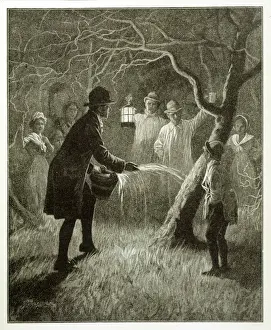 Impresiones de En Devon y Somerset, los cultivadores de manzanas celebran las huertas con un Wassailing el dieciséis del enero Somerset Imprime: Wailling árboles de manzana