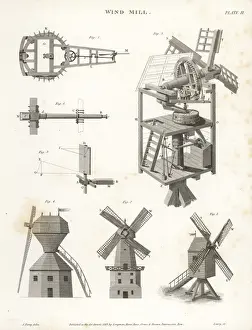 Abraham Rees Cyclopedia Prints Imprime: Windmill elevation, plan, side, showing power