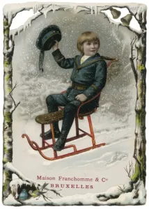 Escena Invernal Imprime: Niño en trineo del siglo XIX