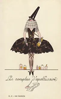 Vintage Fancy Dress Costumes Imprime: Woman in fancy dress costume as an apothecarys recipe