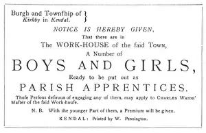 Westmorland Imprime: Bullinger de aprendizaje en Workhouses, Kendal, Cumbria Occidental