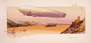 Air Transport Technology Imprime: Zeppelin hovering over a river