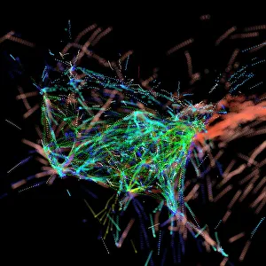 Impresiones de La visualización del tráfico aéreo. Arte de computadora sobre el tráfico aéreo en Estados Unidos. Esta imagen es una frame desde un animación del tráfico aéreo durante 24 horas periodos Imágenes fechadas en 2012: Visualización de tráfico aéreo