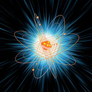 Impresiones de Estructura atómica, artefacto informático de electrones que giran alrededor del núcleo central en este esquema clásico modelo bohr de un átomo Imágenes fechadas en 2008: Estructura atómica, arte