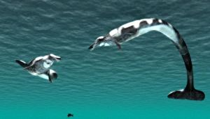 Impresiones de Basilosauruses, arte de computadora. El basilosaurus era una ballena primitiva que habitó las aguas durante el período eoceno tardío, 45-36 millones años atrás Imágenes fechadas en septiembre de 2006: Basilosauruses