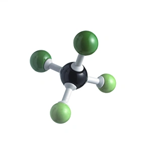 Impresiones de Molécula de CFC. Modelo de una molécula del dichlorodifluorometano, también conocida como Freon-12 Imágenes de agosto de 2011: Molécula de CFC