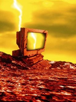 Abstract Computer Art Imprime: Computer artwork of broken computer in wasteland
