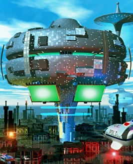 Impresiones de Ciudad futura, ilustración de computadora de vehículos policiales volando sobre una ciudad futurista Imágenes fechadas en 1999: Artefacto de computadora de una ciudad del futuro