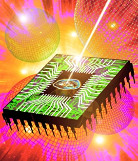 Imágenes de agosto de 1998: Artefacto de computadora del rayo que golpea el ojo en un microchip