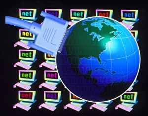 Imágenes fechadas en 1997: Diseño de arte informático de computadoras conectadas y globo.