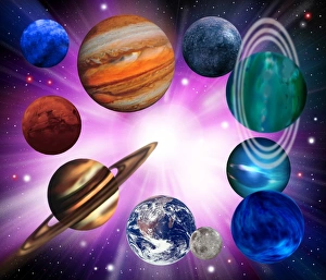 Cosmology Illustrations Imprime: Computer artwork of planets on a large explosion