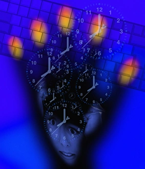 Impresiones de El uso excesivo de la computadora. Arte visual conceptual del ordenador con una mano y un teclado superpuesto a relojes y el rostro de una mujer estresada Imágenes de enero de 2004: Uso excesivo del ordenador