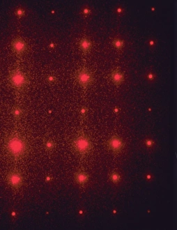 Impresiones de La forma de difracción del patrón formado por luz láser (roja). La luz láser ha pasado a través de una matriz de gráficos cruzados Imágenes fechadas en enero de 2005: Patrón de difracción en rejilla