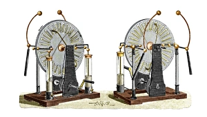 Impresiones de Generadores electroestáticos: obra histórica de dos máquinas Wimshurst vistas desde la izquierda y derecha Imágenes fechadas en diciembre de 2006: Generadores electrostáticos, 1900