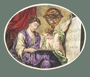 Impresiones de Lección de geometría, obra de arte histórico. Representación alfabética del amor materno enseñando su hijo la geometría. Ella utiliza un compás Imágenes de octubre de 2008: Lección de geometría