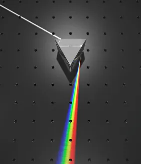 Impresiones de La refracción. Artefacto de computadora que muestra la luz blanca siendo refractada al pasar por un triángulo equilátero como pasa través una espiral trinomial transparente Imágenes fechadas en 2001: Refracción de la luz