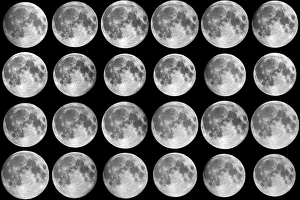 Impresiones de La secuencia de libración lunar. Secuencia de veinticuatro imágenes del nuevo luna tomadas cada mes durante un período de dos años Imágenes fechadas en enero de 2010: Secuencia de libración lunar