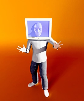 Impresiones de Hombre con pantalla de computadora como cabeza, arte del ordenador Imágenes de julio de 2005: Hombre con pantalla de computadora como cabeza, artefacto artístico