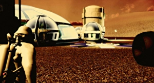 Impresiones de La base de Marte: Artefacto informático del astronauta en una base en Marte. Los humanos requerirán trajes protectoros y edificios sellados cuando viven en Marte Imágenes fechadas en enero de 2005: Base de Marte