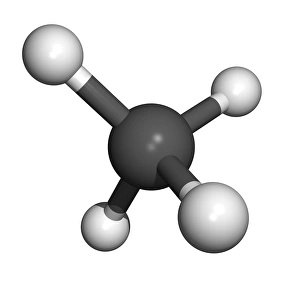 Impresiones de Molécula de metano. Modelo computacional de una molécula de metano (CH4). Los átomos se representan como esferas y son codificados por color: carbono (gris) y hidrógeno (blanco) Imágenes de enero de 2008: Molécula de metano