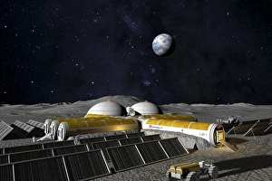 Impresiones de Base lunar. Artefacto de computadora mostrando lo que podría parecer una base futura estadounidense en la Luna. La base es un mezcla de habitaciones cilíndricas y domos Imágenes de mayo de 2008: Base lunar, arte de computadora
