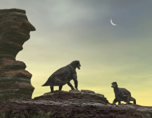 Impresiones de El moscovio. Arte de dos moscovios que se preparan para luchar en una meseta de arenisca. Este reptil vivió alrededor del año 255 millones de años atrás en lo que hoy es la región Karoo, Sudáfrica Imágenes fechadas en junio de 2010: Moscops, arte