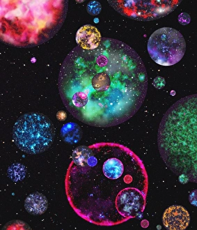 Impresiones de Existen múltiples universos, artefacto gráfico de computadora conceptual Imágenes fechadas en abril de 2005: Múltiples universos