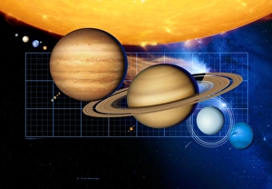 Impresiones de Los planetas y el Sol junto a una escala de arte: Los planetas del sistema solar han sido dibujados en proporción e incluidos al lado uno del otro sobre un cuadrícula Imágenes fechadas en diciembre de 2006: Planetas y Sol con escala