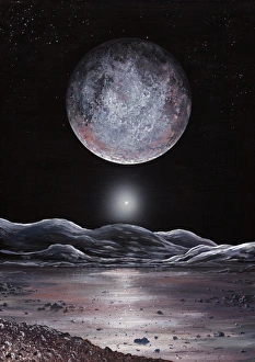 Impresiones de Pluto visto desde Charón, arte. Los cuerpos Plutonio y Caronte son masas heladas que orbitan elrededor de la misma en la cintura Kuiper del sistema solar exterior Imágenes de mayo de 2008: Plutó visto desde Carón, arte