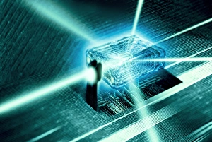 Impresiones de Imagen conceptual de cristales nano tamaños que almacenan cuantos bitas de información para su acceso a través del látice cr crystal multiforme Imágenes fechadas en mayo de 2011: Núcleo del ordenador cuántico