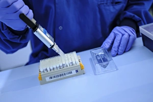 Scientist In Lab Coat Imprime: Scientist using multipipette
