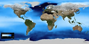 Impresiones de La densidad del agua de la superficie en el mapa mundial se calcula desde las mediciones de temperatura y salinidad Imágenes fechadas en enero de 2010: Densidad del mar en la superficie, mapa mundial