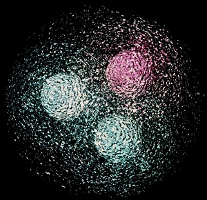 Impresiones de La estructura del quark en el neutrón. Visualización computacional de la estructura del neutrón, uno de los bloques básicos de las núcleos atómicos Imágenes fechadas en febrero de 2004: Visualización de la estructura del cuarco del neutrón.