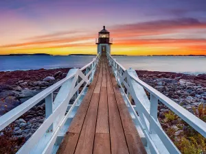 US Lighthouse Photography Imprime: Sunset at Marshall Point Lighthouse, Gulf of Maine, Clyde Maine, New England, USA