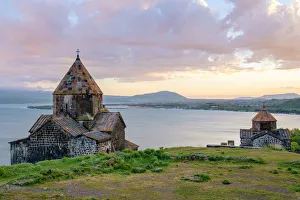 Armenia Travel Destinations Imprime: Sevanavank church on Lake Sevan at sunset, Sevan, Gegharkunik Province, Armenia
