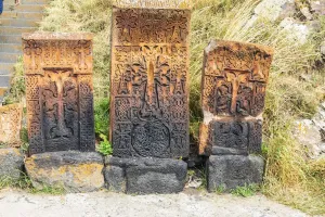 Armenia Monastery Imprime: Armenia, Sevan. Sevanavank. 9th century Monastery complex. Stone tablets