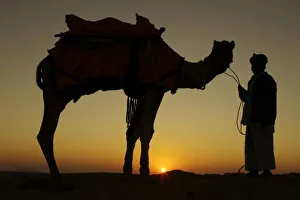 Desert Sunset Photography Imprime: a man and his camel