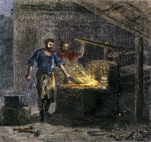 Ocupaciones Imprime: El herrero y su ayudante en un horno forjador.