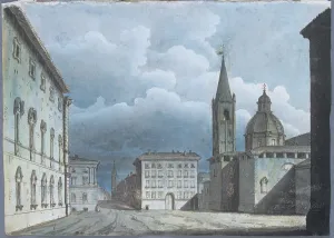 Watercolour Ink On Paper Art Imprime: View from the Current Oderlaffi Square in Forl