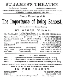 St James Theatre London Imprime: WILDE: PLAY PROGRAM. Program for the first performance of The Importance of Being Earnest