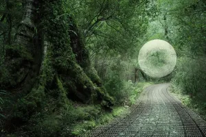 Impresiones de Orbillo brillante flotando en el bosque sobre un camino de código binario Imágenes Con Una Nueva Perspectiva Del Fotógrafo Neozelandés Donald Iain Smith Que Captan Las Relaciones Con La Tecnología Moderna, Desde Las Más Divertidas Hasta Las Más Fantásticas. Imprime: código binario, río binario, burbuja