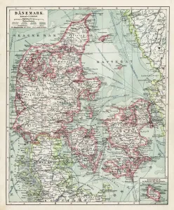 Impresiones de Atlas de la mano de Meyers Leipzig y Viena Imprenta del Instituto Bibliográfico 1900 Mapa Imprime: Mapa de Dinamarca 1900.