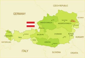 Impresiones de Un mapa plano de Austria adornado con la bandera austriaca, un tesoro geográfico que refleja la rica historia y cultura de este país europeo Austria Imprime: Mapa plano de Austria con la bandera austriaca.