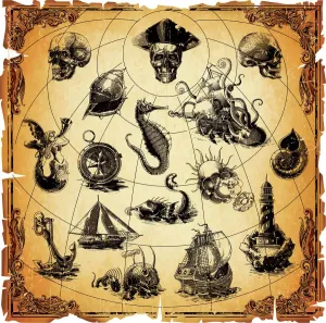 Impresiones de Iconos de mapas antiguos, eps 9 Viaje en el tiempo: Descubra mapas y planos históricos extraordinarios: Elementos de Mapas Antiguos