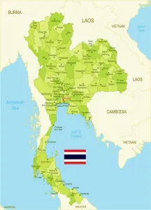 Impresiones de Mapa detallado de Tailandia con alrededores, provincias, capital y bandera Una colección comisariada: Mapa plano de Tailandia con bandera.
