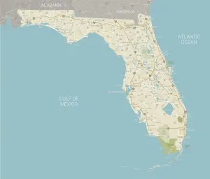 Impresiones de Un mapa detallado del estado de Florida con ciudades, carreteras, ríos y lagos principales más Parques Nacionales y Bosques Nacionales. Incluye estados vecinos y agua circundante Nesophontidae Imprime: Mapa del Estado de Florida.