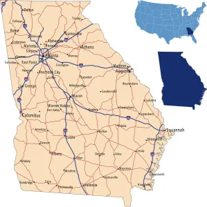 Impresiones de Ilustración de mapa de carreteras estatales y autopistas de Georgia para su diseño y productos Mapa Imprime: Mapa carretero de Georgia.