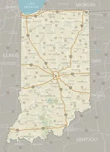 Impresiones de Un mapa detallado del estado de Indiana con ciudades, carreteras, ríos importantes y lagos, además de bosques nacionales. Incluye estados vecinos y agua circundante Nesophontidae Imprime: Mapa de Indiana
