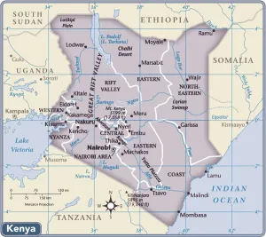 Mapa del país de Kenia.