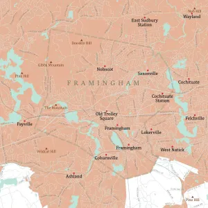 Digital City Maps USA Imprime: MA Middlesex Framingham Vector Road Map